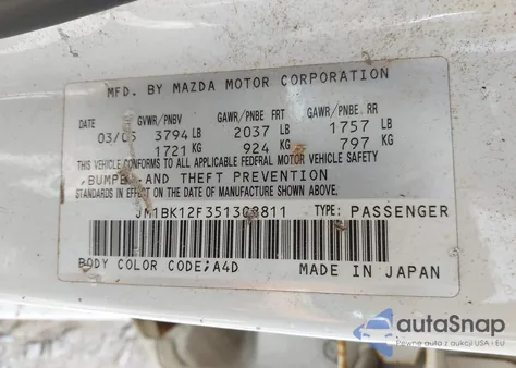 2005 Mazda Mazda3 I from USA, damaged, VIN JM1BK12F351308811